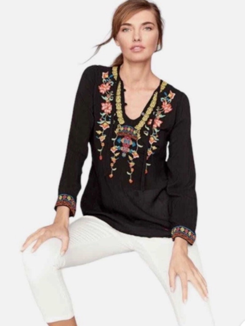 Johnny Was Suko Tunic Top Black Embroidered V-Neck Size Petite M - Picture 2 of 15
